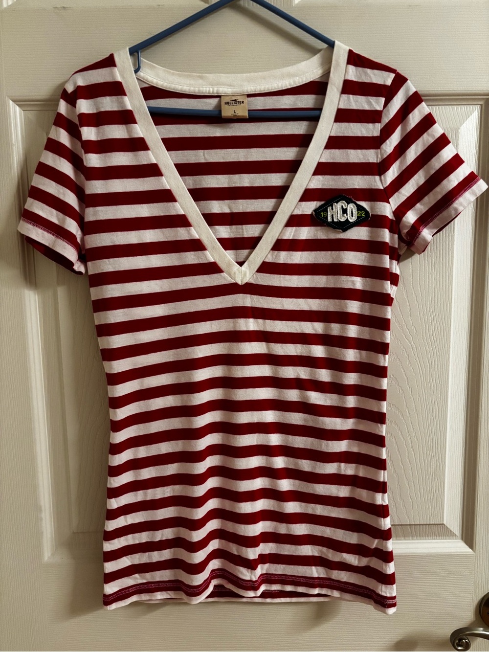 Hollister Red and White Striped V‑Neck Tee